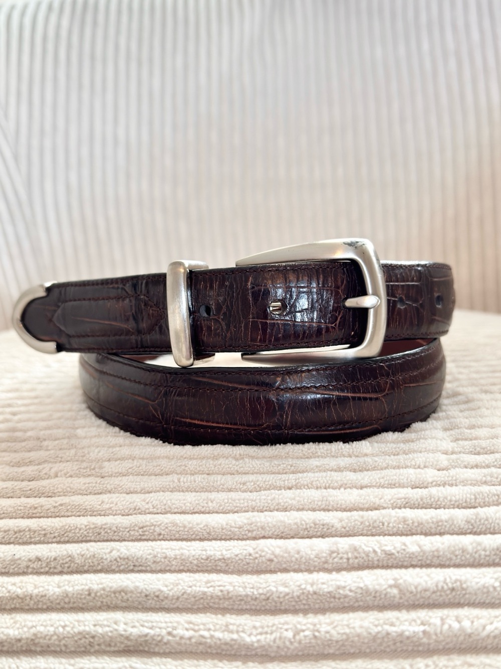 Cole Haan Brown Leather Croc Embossed Belt